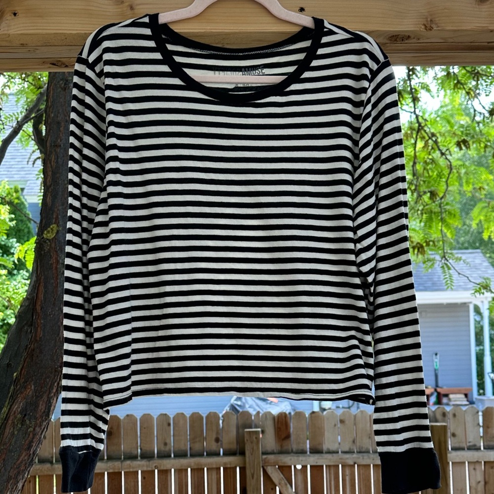 Amuse Society Honey Striped Long Sleeve Cropped Top Shirt Black Off White Large - Picture 5 of 16